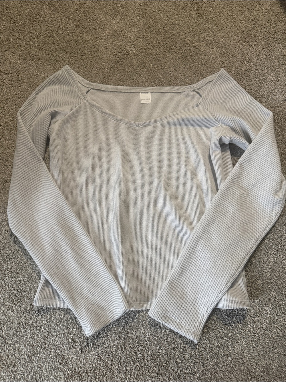 Gilly Hicks Light Gray Waffle V‑Neck Long Sleeve Top